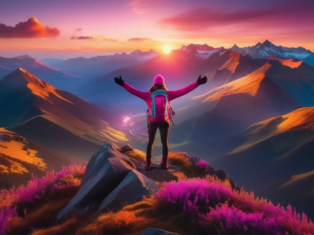 Viajero solitario abraza la libertad en paisaje montañoso Beneficios viajar solo o en grupo: viajero en la cima de una montaña, rodeado de belleza natural y colores vibrantes al amanecer