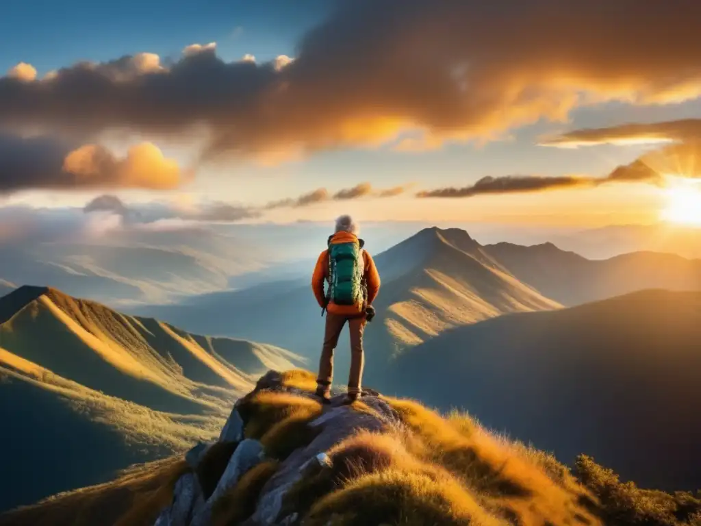 Viajero en la cima de una montaña majestuosa Viajero maduro en la cima de una montaña, planificando aventuras en la naturaleza
