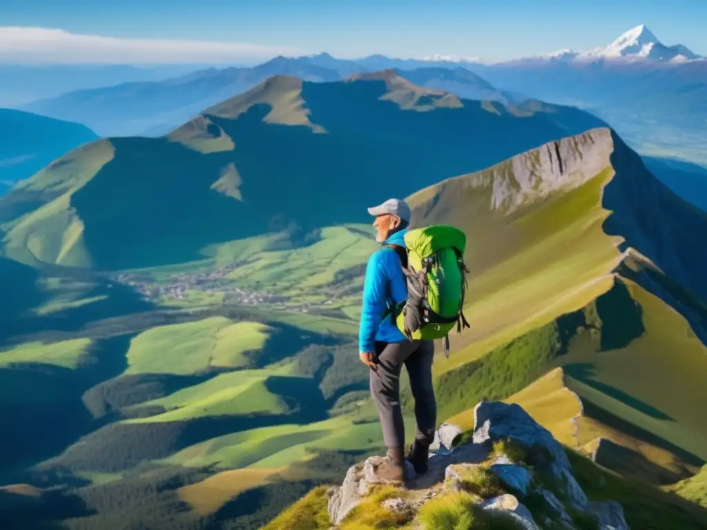 Aventura solitaria en majestuosa montaña Viajero maduro en aventura de montaña