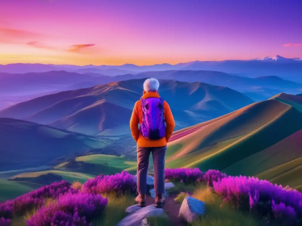 Viajero solitario disfrutando atardecer en montaña Viajar solo como senior: preparativos seguros -