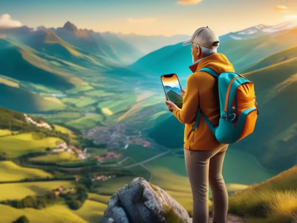 Viajero disfrutando de paisaje con app de viaje Tecnología para ahorrar en viajes: Viajero feliz en montaña con smartphone mostrando app de viajes