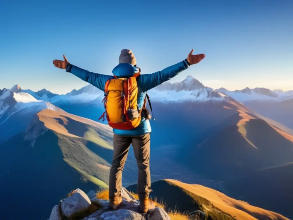 Viajero triunfante en la cima de la montaña Viajero triunfante en la cima de una montaña, con paisaje impresionante y espíritu aventurero - Consejos para viajes seguros y enriquecedores