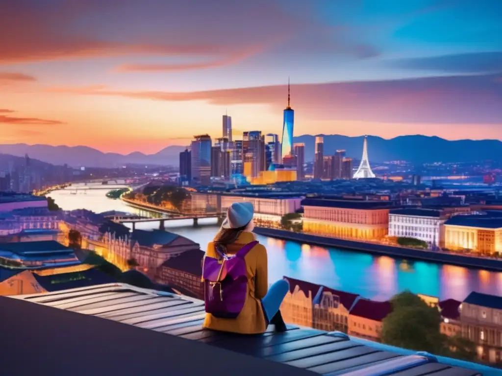 Viajero disfruta del atardecer en la ciudad Viaje con estilo y mantente hidratado: ciudad vibrante al atardecer reflejada en el río