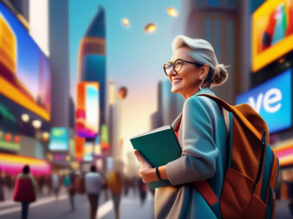 Consejos para prevenir enfermedades viajando: Un viajero maduro en una animada calle de la ciudad, con edificios modernos y mucha energía