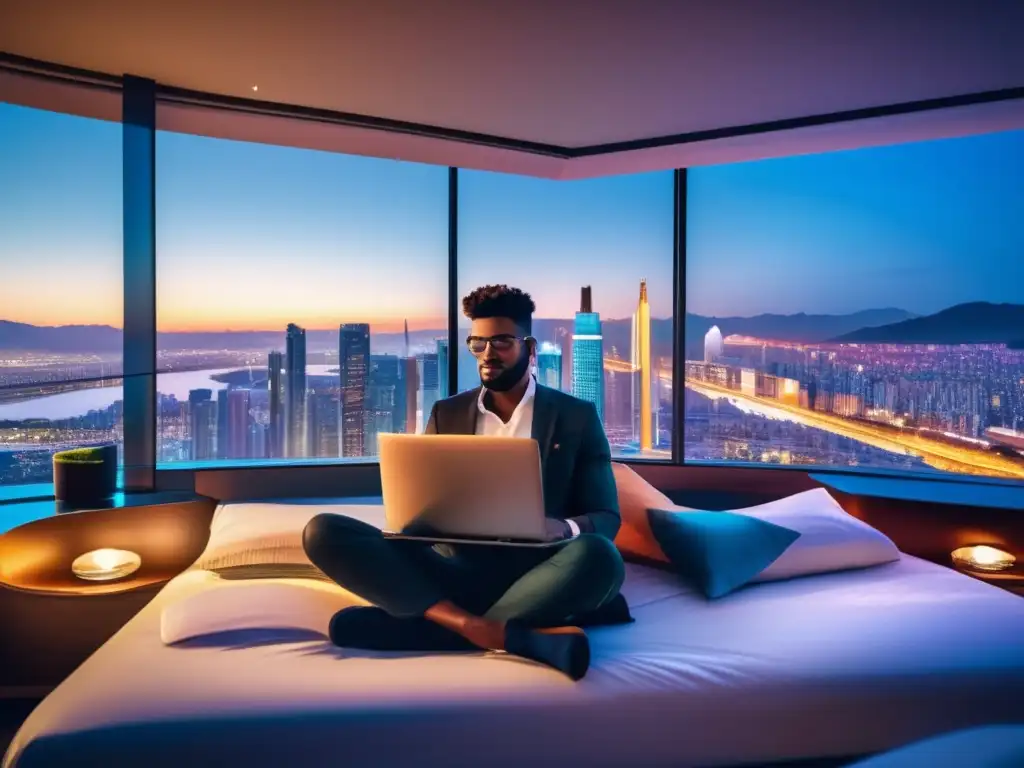 Viajero en hotel de lujo con laptop y vista panorámica de la ciudad Viajero gestionando gastos en hotel de lujo y ciudad al atardecer