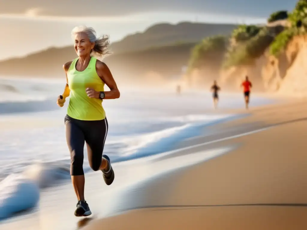 Viajero activo disfrutando la playa Ejercicios para viajeros maduros: imagen inspiradora de un corredor en la playa al atardecer