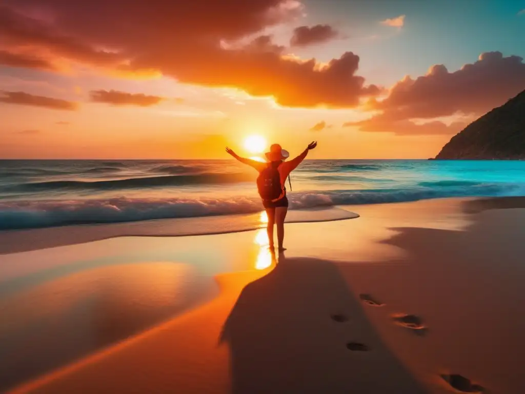 Abrazando la belleza: La esencia de la mentalidad viajera Maravillosa imagen 8k de playa y viajero, simbolizando la mentalidad positiva en los viajes