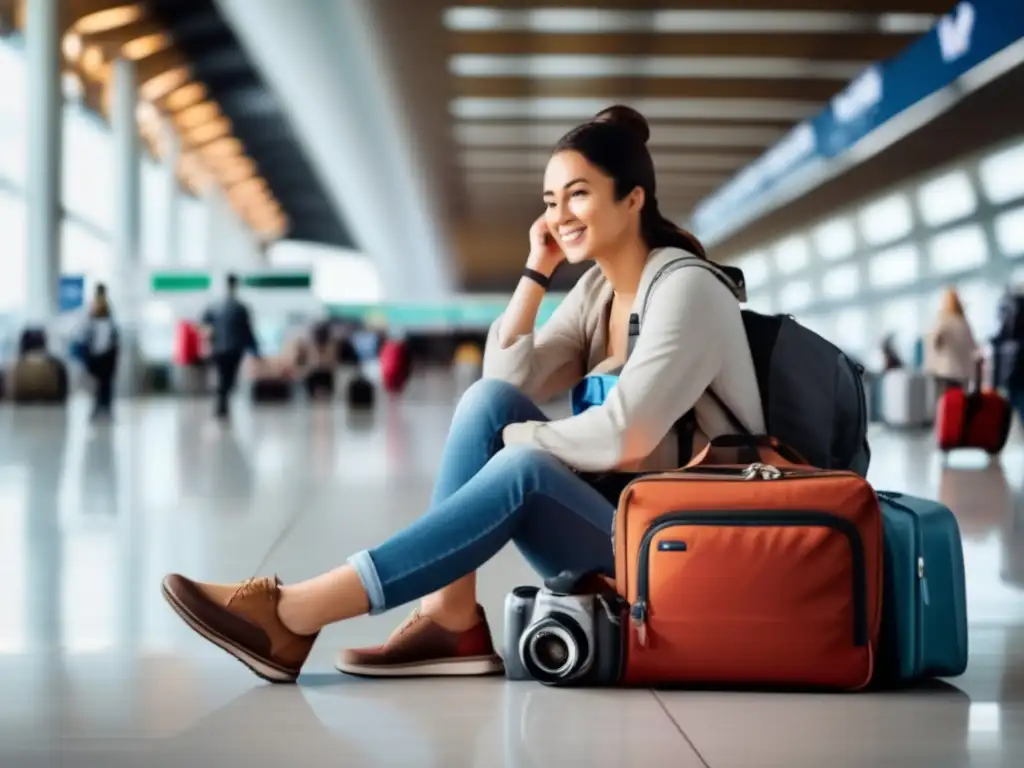 Viajero listo con equipaje y accesorios Viajero preparado para viajes médicos con elementos esenciales y aeropuerto de fondo