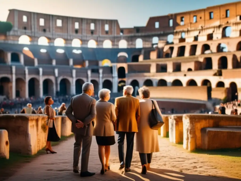 Viajeros admirando el Coliseo de Roma Experiencias culturales en el Coliseo: viajeros maduros en Roma