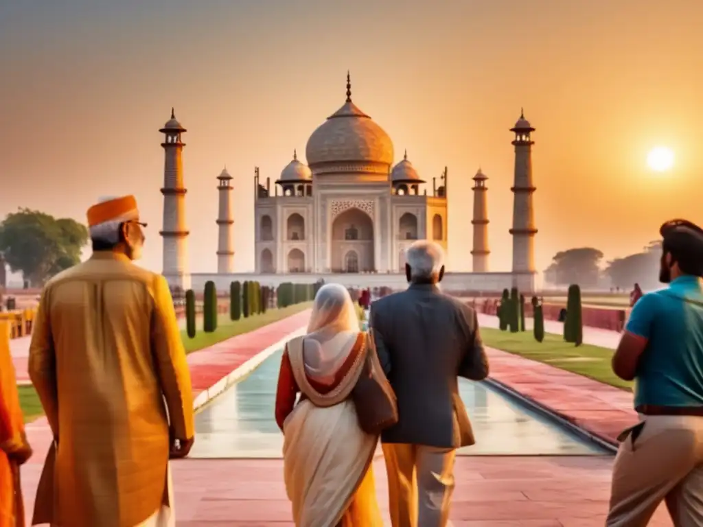 Viajeros admirando el Taj Mahal, India Viajes arquitectónicos para adultos mayores en el Taj Mahal, India
