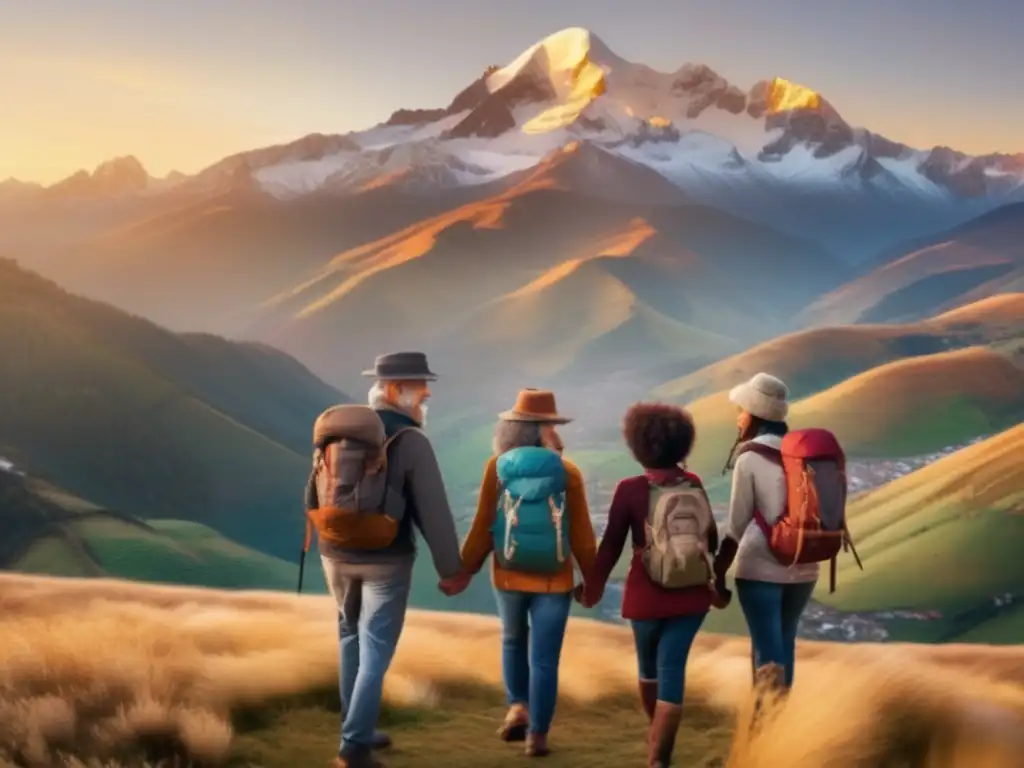 Grupo diverso de viajeros en montaña Grupo de viajeros diversos en una montaña con actitud positiva en viajes maduros