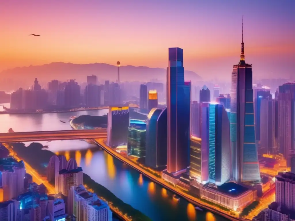 Ciudad vibrante al atardecer con rascacielos iluminados, viajeros compartiendo consejos y descubriendo destinos