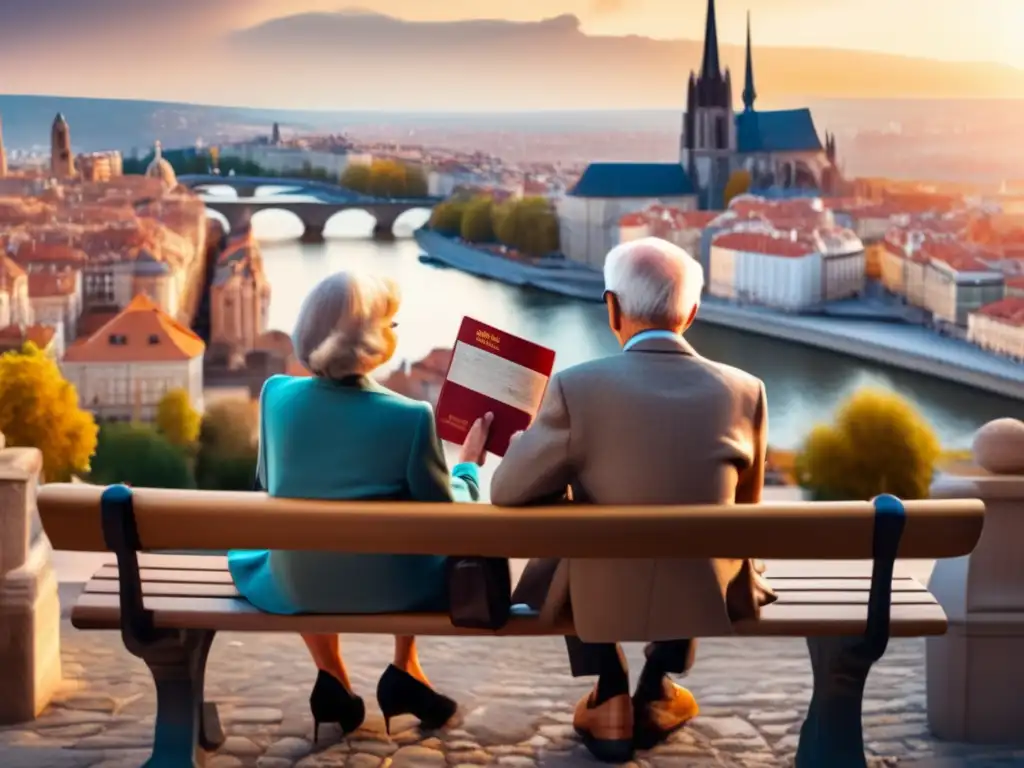 Pareja mayor disfruta de una ciudad europea, con documentación viajes para adultos mayores