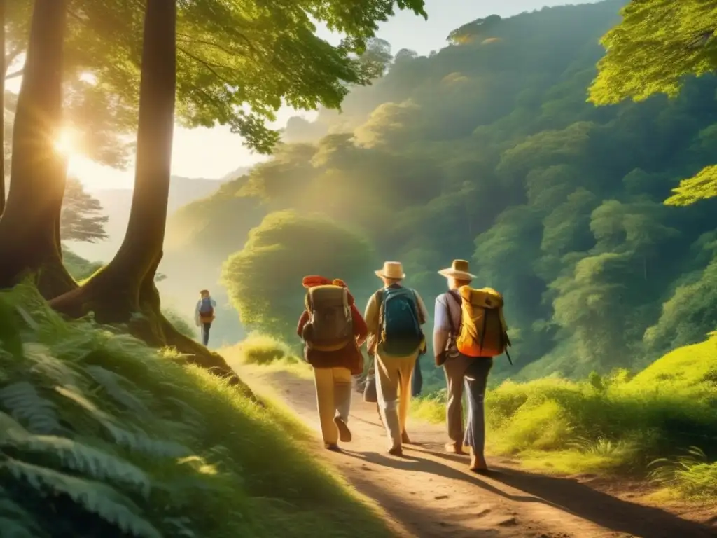 Peregrinaciones espirituales para viajeros maduros en un sendero forestal sereno rodeado de naturaleza y compañerismo