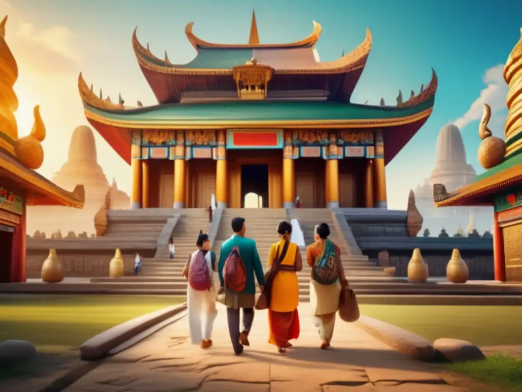 Viajeros explorando templo ancestral en Asia Viajeros de diferentes generaciones y etnias explorando un templo antiguo en Asia, resaltando los beneficios de la genealogía en viajes