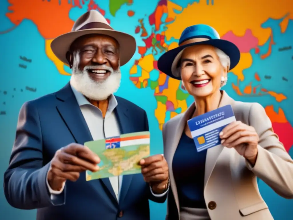 Pareja mayor lista para viajar An adult couple with passports standing in front of a detailed world map, showcasing visa requirements
