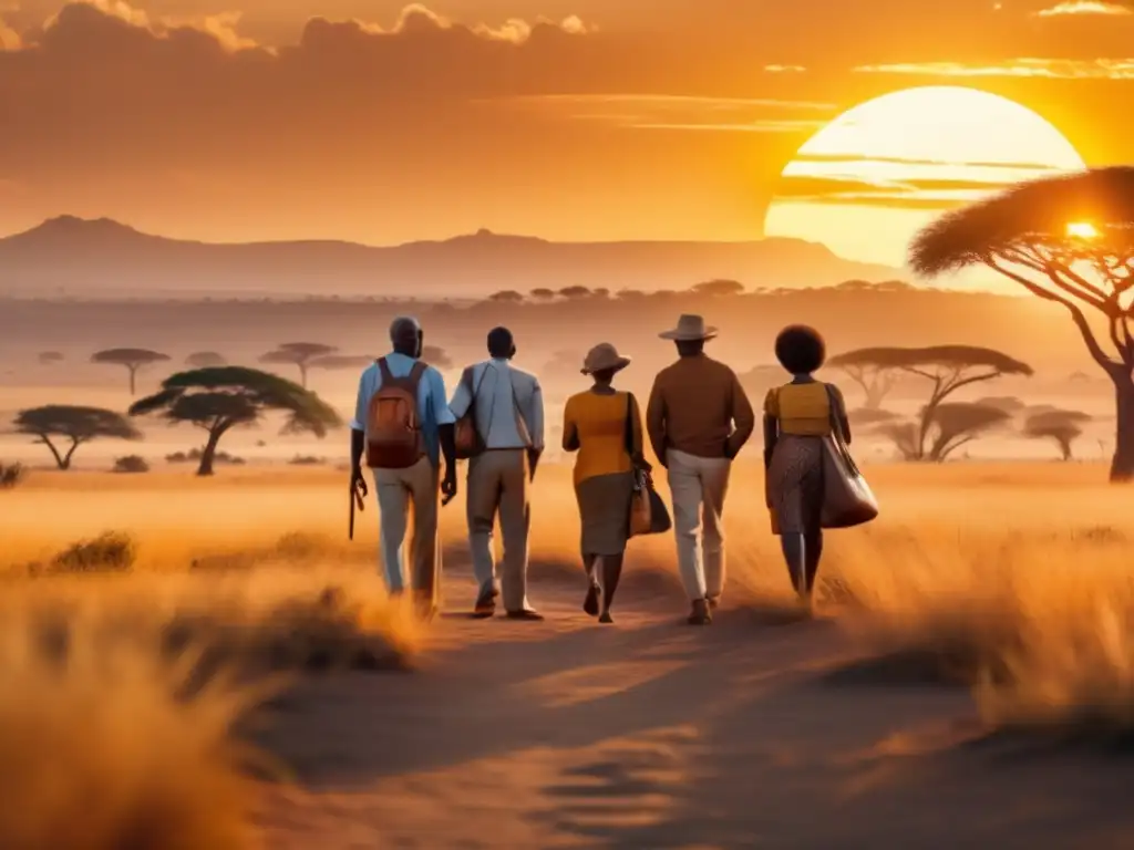 Viajeros admirando la belleza de la sabana africana Destinos seguros para viajeros maduros en África: Grupo de viajeros admirando la impresionante sabana africana al atardecer