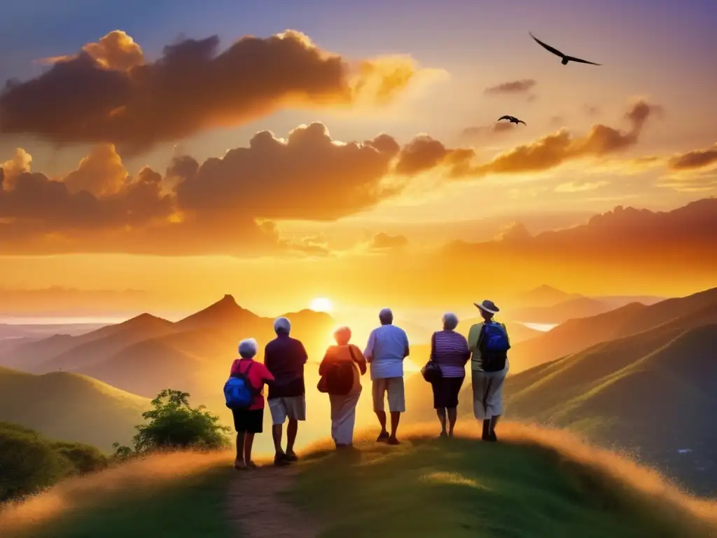 Alegres adultos mayores disfrutando de un hermoso atardecer en la montaña Viajes enriquecedores para adultos mayores en montaña al atardecer