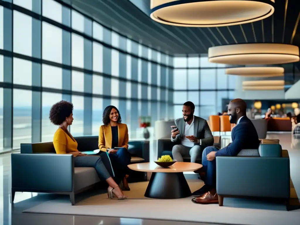 Viajeros relajados en lounge de aeropuerto Grupo viajeros en aeropuerto, conversando relajados y mostrando documentos de visa