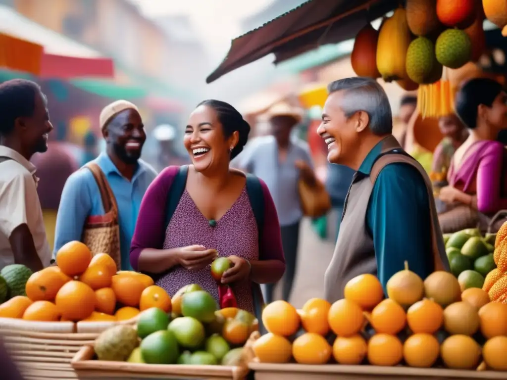Viajeros disfrutando mercado local Consejos optimistas viajeros maduros en vibrante mercado local con diversidad y alegría