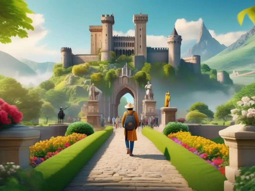 Turismo genealógico para viajeros maduros: grupo frente a majestuoso castillo de piedra con jardines y colores vibrantes