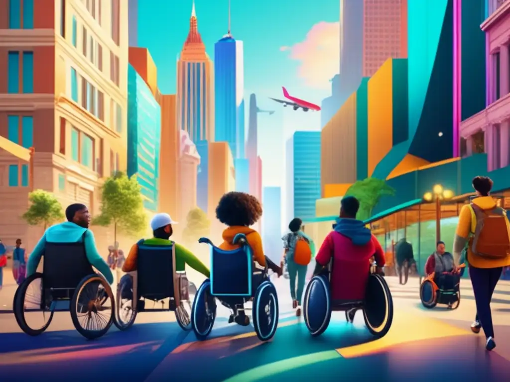 Inclusividad y aventura en una ciudad vibrante Viajeros diversos explorando ciudad vibrante con movilidad reducida