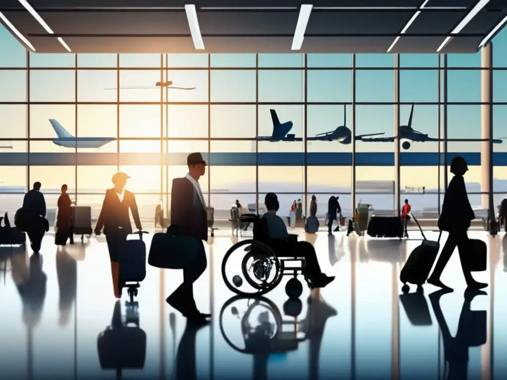 Inclusión y alegría en aeropuerto Consejos para viajar con movilidad reducida: Viajeros diversos con ayudas de movilidad en un aeropuerto moderno y luminoso