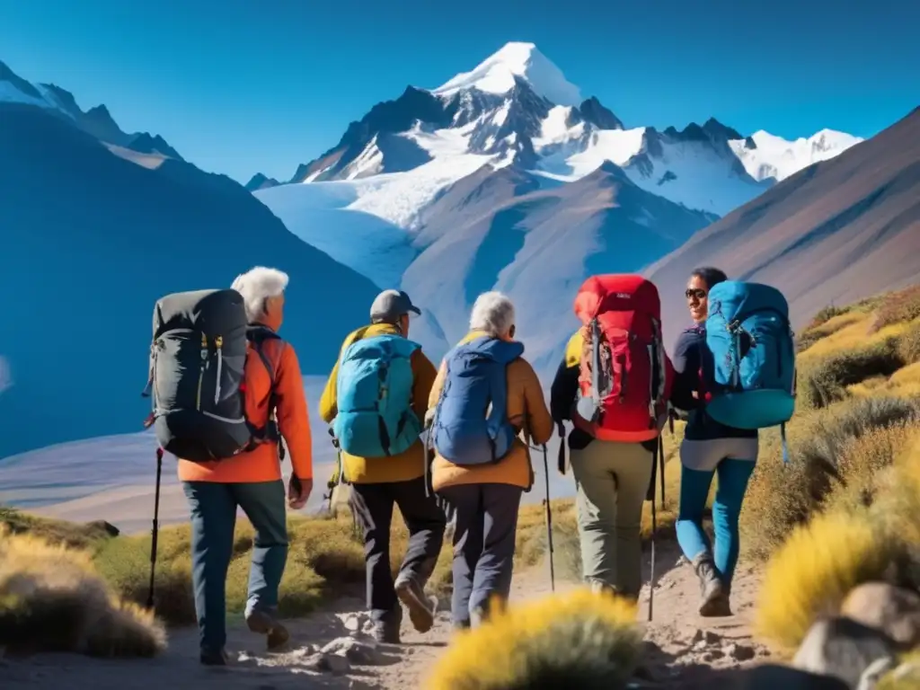 Grupo viajeros en los Andes Viajeros maduros explorando los majestuosos paisajes de los Andes: Consejos viajes seguros Sudamérica