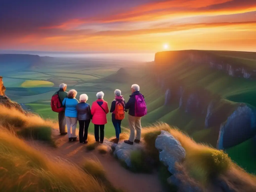 Viajeros maduros desafiando expectativas Historias de viajeros maduros desafiando prejuicios en un impresionante paisaje de acantilados al atardecer