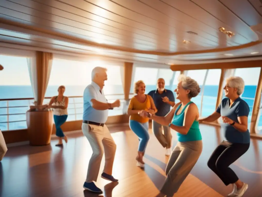 Actividades de viajeros maduros en crucero Actividades a bordo para viajeros maduros seguros: grupo disfrutando de diversas actividades en un crucero moderno
