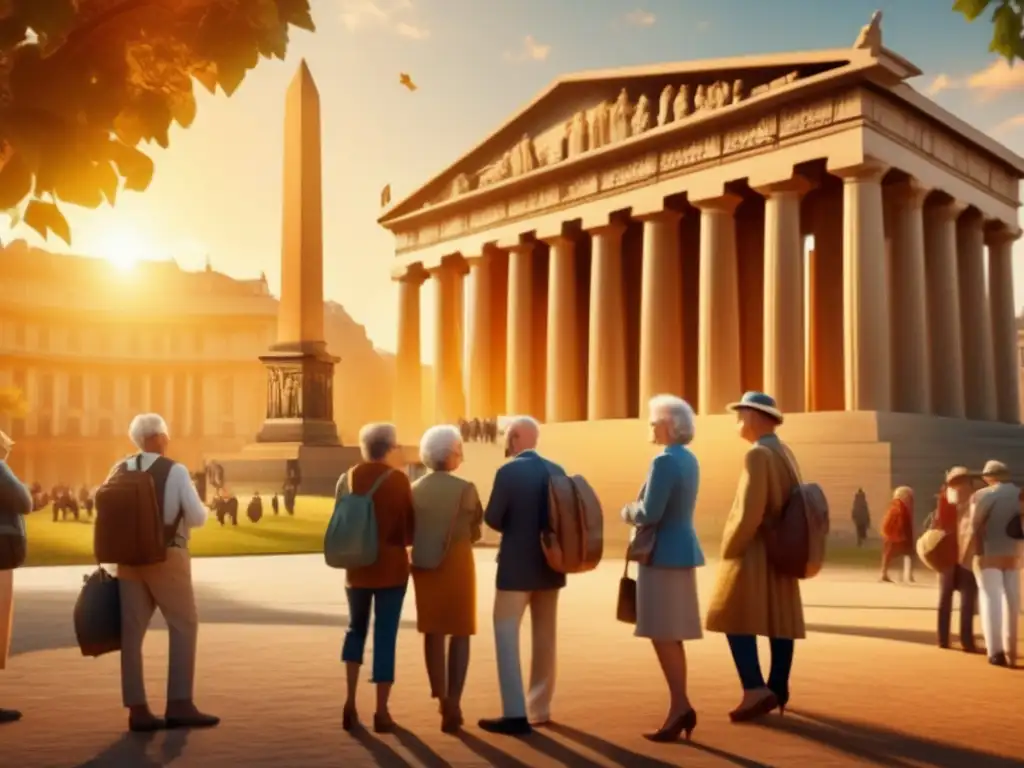 Historia y viajes para adultos mayores Cursos historia viajeros senior: grupo discutiendo frente monumento histórico, paisaje pintoresco, aventura y curiosidad intelectual