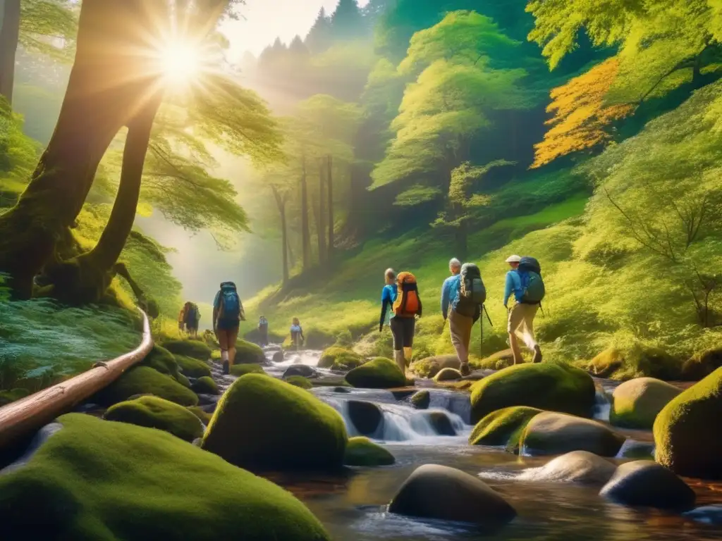 Excursión de viajeros maduros en la naturaleza Ventajas del ecoturismo para viajeros maduros en una imagen impresionante de 8k, mostrando un grupo inmerso en la belleza de la naturaleza