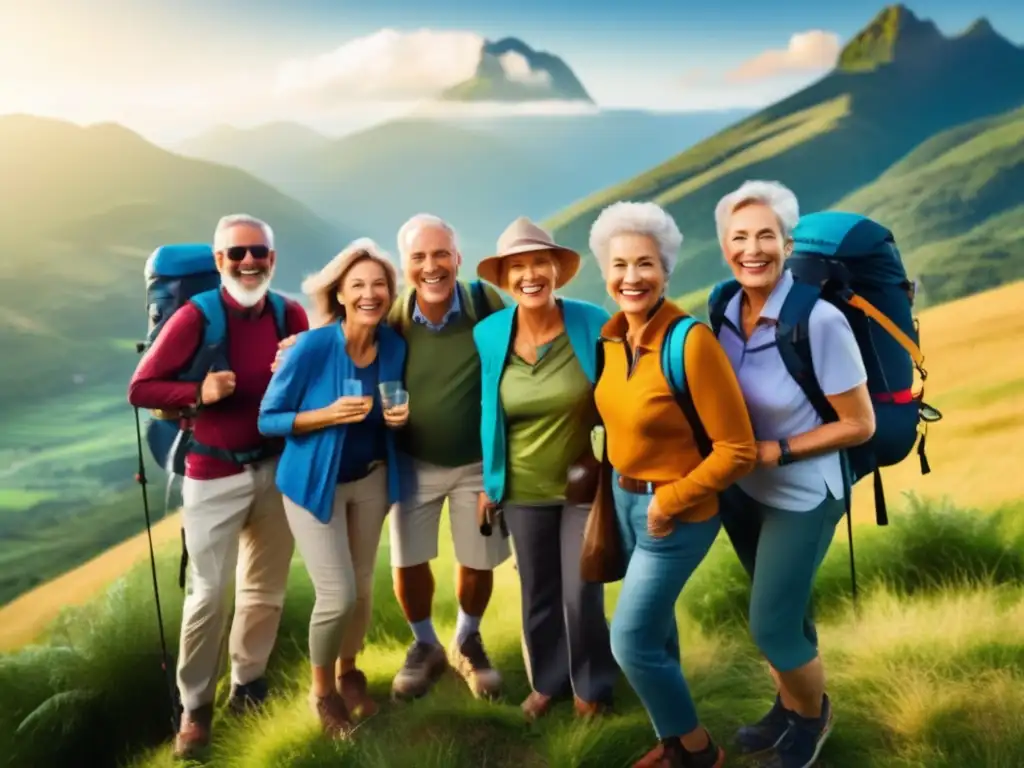 Grupo de viajeros maduros disfrutando la montaña Aventuras para viajeros senior en una montaña con cascada