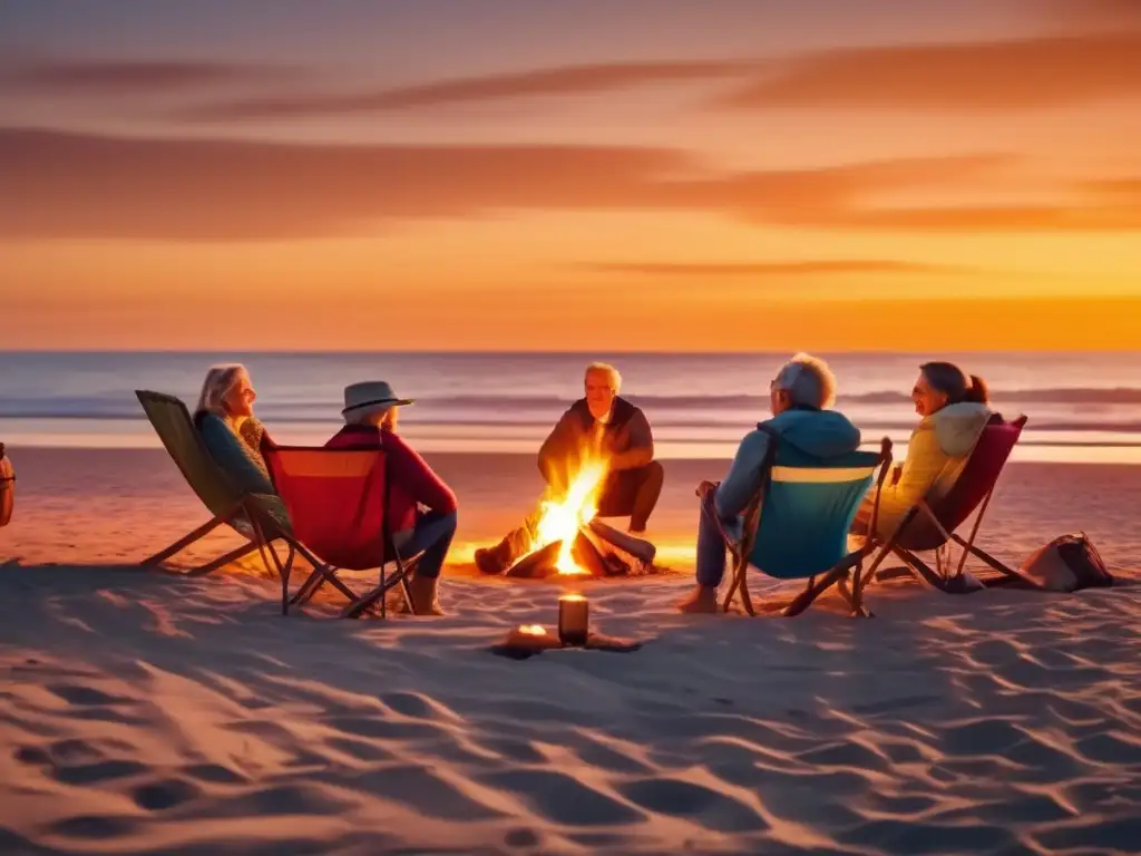 Grupo de viajeros disfrutando de una fogata en la playa al atardecer Consejos optimistas viajeros maduros disfrutan de una animada conversación alrededor de una fogata en la playa al atardecer
