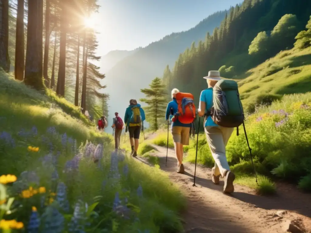 Grupo de viajeros maduros en una ruta de montaña Aventuras saludables para viajeros maduros en sendero montañoso rodeado de naturaleza exuberante y picos nevados