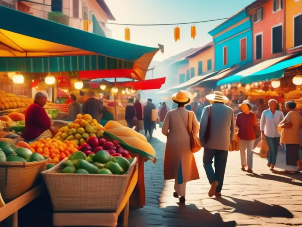 Viajeros maduros inmersos en vibrante mercado Viaje lingüístico maduros: Mercado vibrante con viajeros inmersos en cultura, disfrutando de frutas exóticas, especias y artesanías