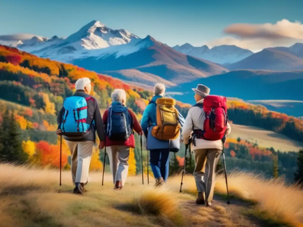 Viaje seguro y emocionante para adultos mayores en América del Norte Grupo de viajeros seniors disfrutando de paisaje y camaradería: Consejos viajes seguros seniors