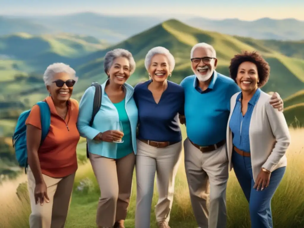 Grupo diverso de viajeros senior en montaña Grupos de adultos mayores disfrutan de emocionantes experiencias de viaje