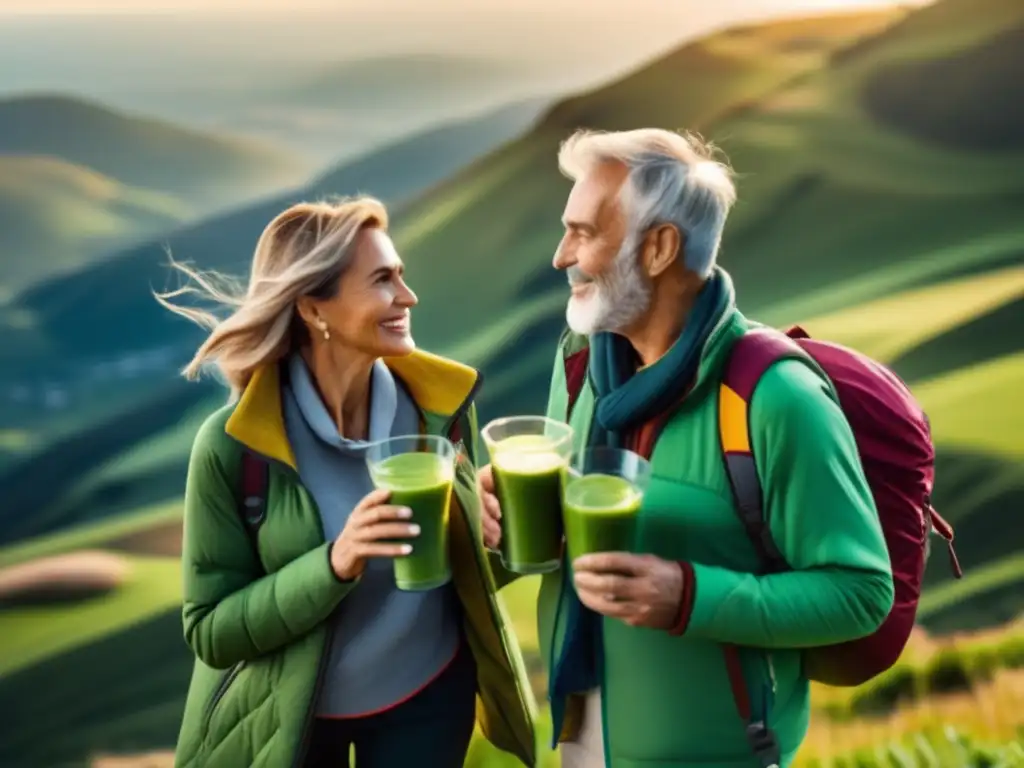 Aventureros seniors disfrutando de paisaje impresionante Pareja de viajeros senior disfrutando de una nutrición saludable en un paisaje impresionante