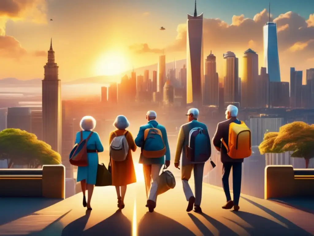 Consejos viaje seguro mayores: Viajeros mayores confiados frente a una ciudad vibrante al atardecer, irradiando aventura y seguridad