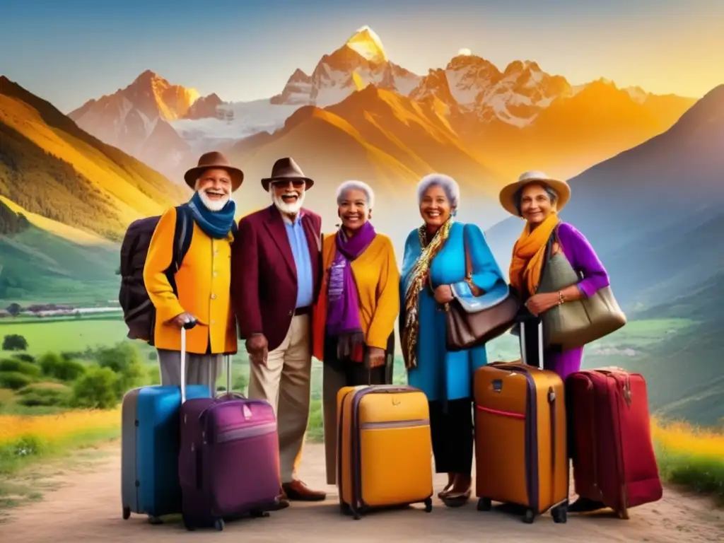 Aventureros mayores disfrutando del atardecer en la montaña Grupo de viajeros mayores disfrutando de la naturaleza - Seguros de viaje para mayores durante la COVID19