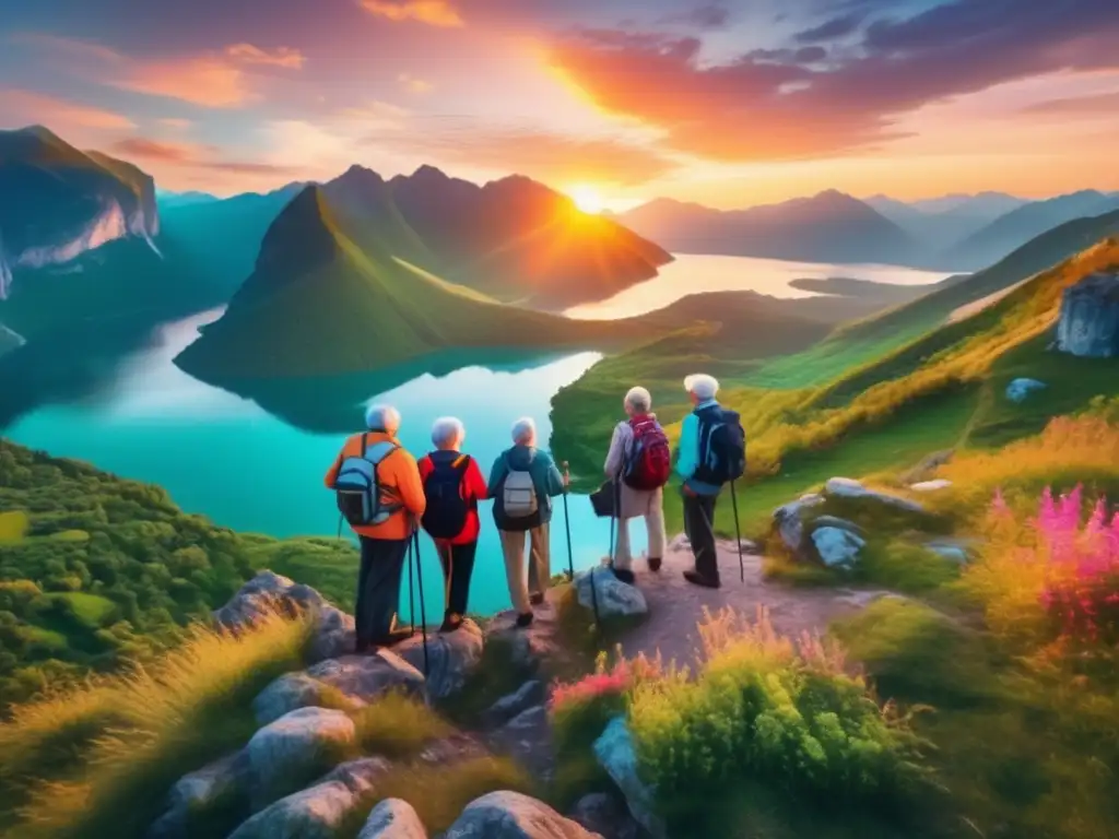 Ancianos aventureros disfrutan paisaje Importancia visados viaje adultos mayores: Viajeros mayores en un paisaje impresionante con montañas, lago y atardecer