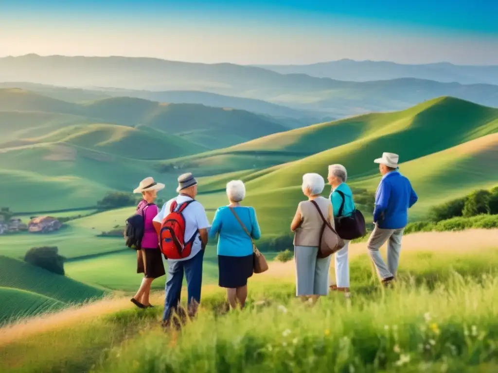 Consejos para viajes de seniors: Grupo sonriente en paisaje vibrante