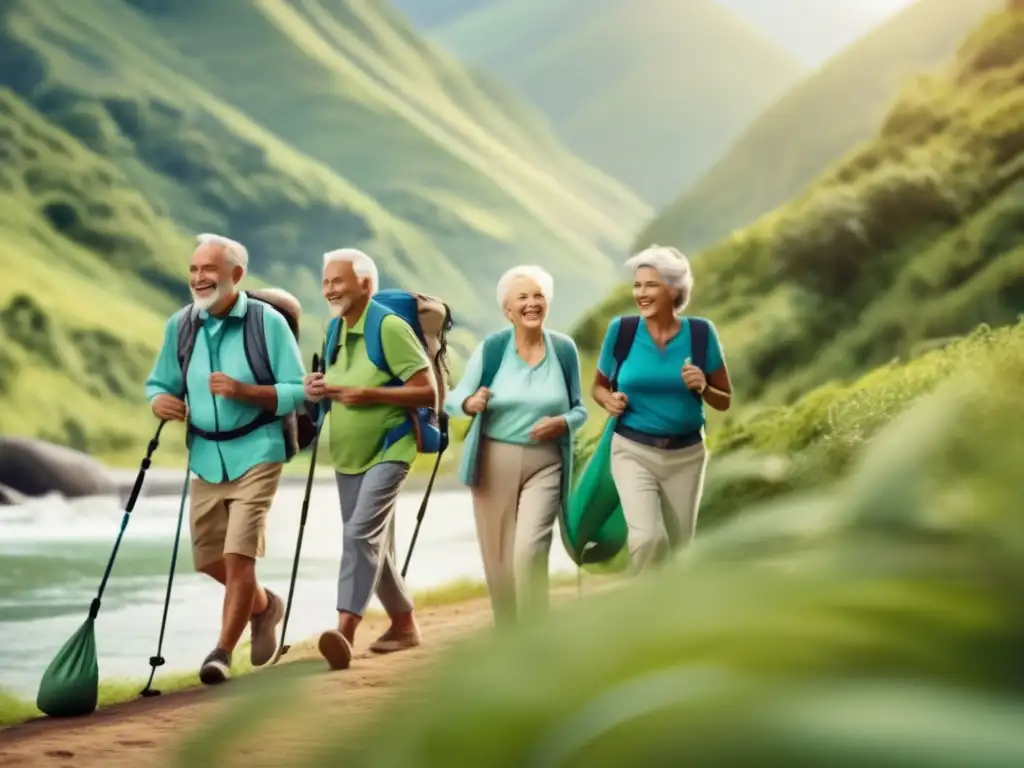 Grupo de adultos mayores disfrutando de aventura ecológica Aventuras ecológicas para viajeros maduros: grupo feliz disfruta paisaje natural, actividades sostenibles y limpieza playa