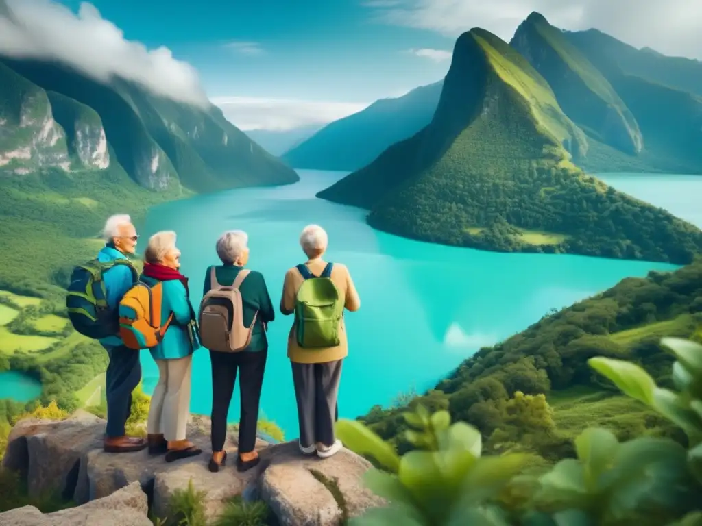 Grupo de viajeros mayores disfrutando de un paisaje impresionante Viajes solitarios adultos mayores, grupo sonriendo en acantilado con lago turquesa, montañas verdes