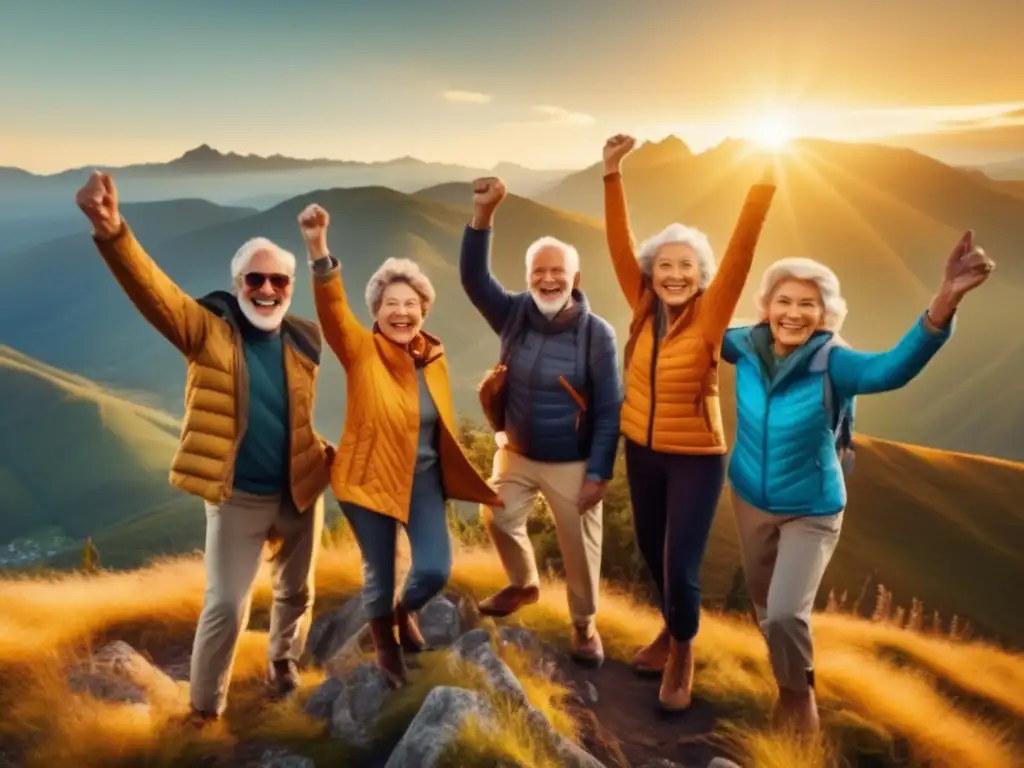 Aventureros seniors en la cima Viajes de aventura para seniors en la cima de una montaña