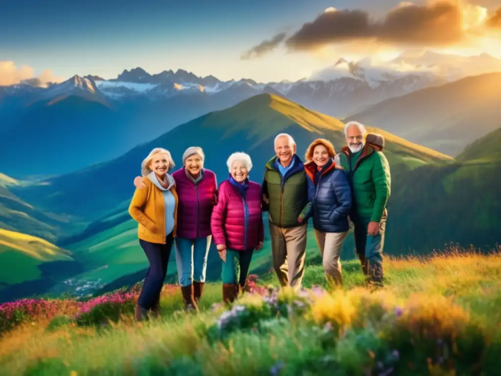 Grupo de mayores en montaña con paisaje impresionante Beneficios seguro viaje para mayores, grupo de viajeros en paisaje montañoso radiantes y aventureros