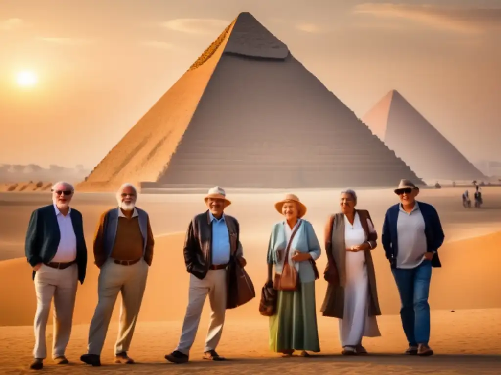Grupo de viajeros mayores frente a las Pirámides de Giza en Egipto Viaje en Egipto para adultos mayores: grupo de viajeros frente a las majestuosas pirámides de Giza