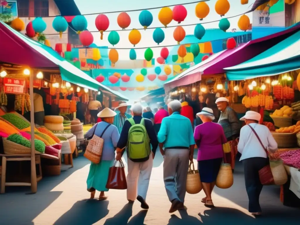 Viajeros seniors cautelosos explorando mercado turístico: Precauciones viajes estafas seniors