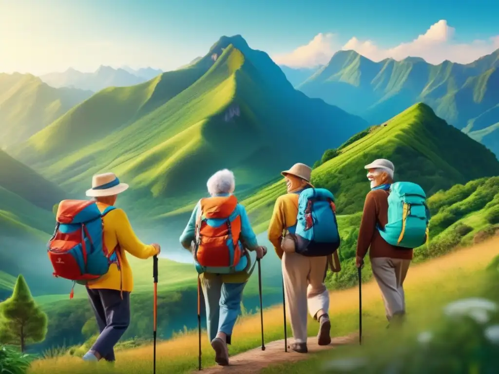 Grupo de viajeros mayores disfrutan paisaje montañoso, resaltando viajes sostenibles tercera edad